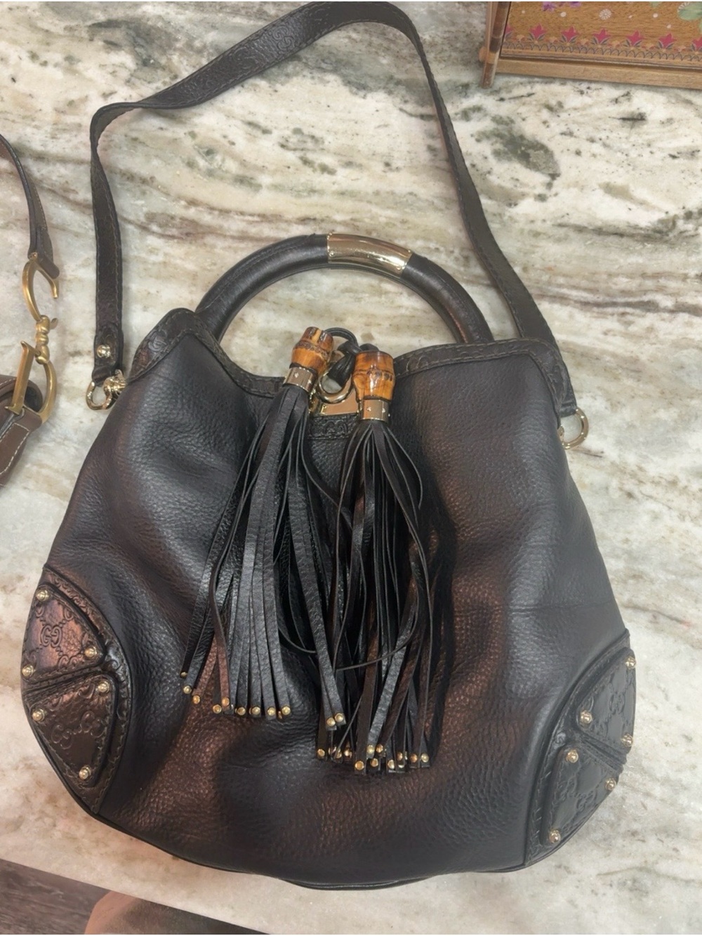 Vintage Gucci Black Leather Tassel Hobo Shoulder Bag
